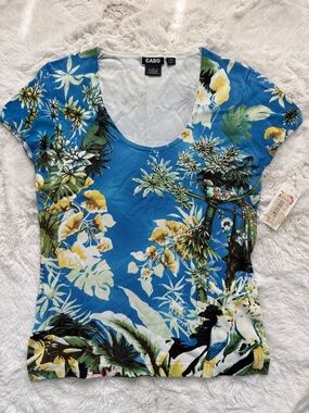CABO 90s Y2K Vintage Babydoll Blue Tropical Jungle Embellished Scoop Neck Tee